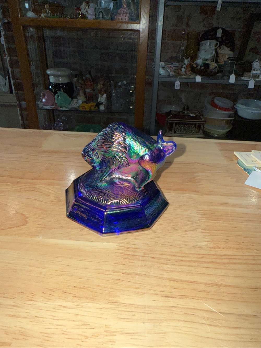 Iridescent Blue Carnival Glass Buffalo Figurine Vintage